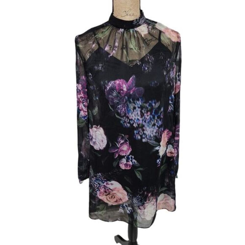 TJD Black‎ Floral Mock Neck Sheer Long Sleeve Mini Dress Women's Size 8
